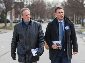 Lorne Coe, Progressive Conservative candidate for the byelection in Whitby-Oshawa (left) and Progressive Conservative leader Patrick Brown, canvass in Whitby, Ont. on Monday February 1, 2016. Ernest Doroszuk/Toronto Sun/Postmedia Network