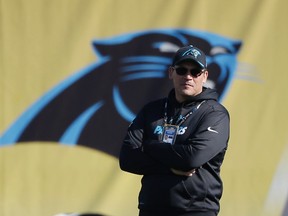 Carolina Panthers head coach Ron Rivera watches his team stretch during practice in preparation for the Super Bowl 50 football game Friday Feb. 5, 2016 in San Jose, Calif. (AP Photo/Marcio Jose Sanchez)