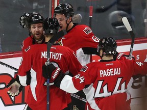 Senators centre Zack Smith (back left) celebrates his goal during the first period on Feb. 6 against the Toronto Maple Leafs. (Tony Caldwell, Ottawa Sun)