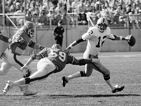 In this Sept. 4, 1978, file photo, Denver Broncos' Lyle Alzado, left, and Joe Rizzo pursue Oakland Raiders quarterback Kenny Stabler during an NFL football game in Denver. (AP Photo/File)