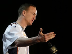 Denver Broncos quarterback Peyton Manning speaks to reporters in Santa Clara, Calif., Thursday, Feb. 4, 2016. (AP Photo/Jeff Chiu)