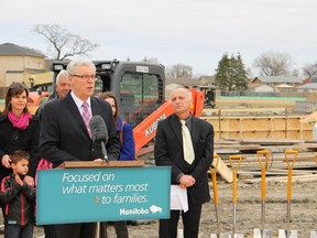 Manitoba Premier Greg Selinger, seen here at the groundbreaking for a new Seven Oaks School in 2015, has credited his government`s infrastructure investments for helping to create plenty of jobs. But Statistics Canada figures show the province is actually losing jobs instead, Tom Brodbeck argues. (Winnipeg Sun files)