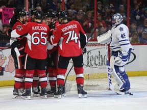 Senators' Curtis Lazar celebrates the Senators sixth goal of the game against the Leafs during third period action in Ottawa earlier this season. The Senators defeated the Leafs 6-1. (Tony Caldwell, Postmedia Network)