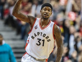 Toronto Raptors forward Terrence Ross gestures during second-half action against the Charlotte Hornets in Toronto on Jan. 1, 2016. (Ernest Doroszuk/Toronto Sun/Postmedia Network)