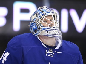 Toronto Maple Leafs goalie James Reimer stays loose during a game against the New Jersey Devils at the Air Canada Centre in Toronto on Feb. 4, 2016. (Tom Szczerbowski/USA TODAY Sports)