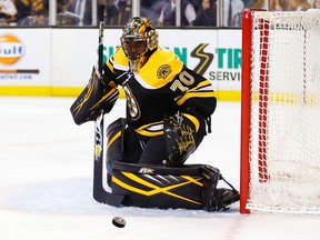 Boston Bruins goalie Malcolm Subban keeps an eye on a rebound during the first period of an NHL pre-season game against the Washington Capitals at TD Garden in Boston on Sept. 22, 2015. (AP Photo/Winslow Townson)