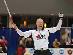 Glenn Howard celebrates his win over John Epping in the Ontario Tankard final on Feb. 7, 2016, in Brantford. (BRIAN THOMPSON/Postmedia Network)