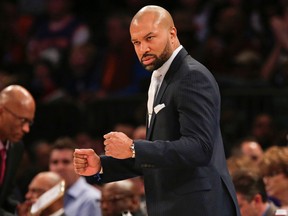 New York Knicks head coach Derek Fisher reacts against the Memphis Grizzlies during the second half at Madison Square Garden. The Grizzlies defeated the Knicks 91-85. Adam Hunger-USA TODAY Sports