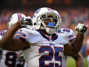 Buffalo Bills running back LeSean McCoy (25) celebrates his touchdown during the second half of an NFL football game against the Kansas City Chiefs in Kansas City, Mo., Sunday, Nov. 29, 2015. (AP Photo/Ed Zurga)