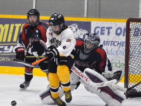 Connor MacLean (8) of the Mitchell Pee Wees keeps his eyes on the loose puck in front of the Walkerton net during OMHA ‘CC’ playoff action last Friday, Feb. 5. Mitchell dropped the best-of-five series opener 4-2 but rebounded to win Game 2 Sunday, 5-2. ANDY BADER/MITCHELL ADVOCATE