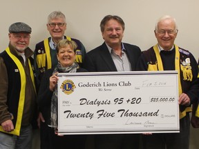 The Goderich Lions Club presented Dialysis 95 + 20 with a cheque for $25,000 towards the 100 day campaign on Feb. 5. Pictured here from left to right, David McDonald, Hugh Fitzmorris, Doug Bundy, Brenda Teichert, John Grace, Lawrence Beane and Ron Hamilton. (Laura Broadley/Goderich Signal Star)