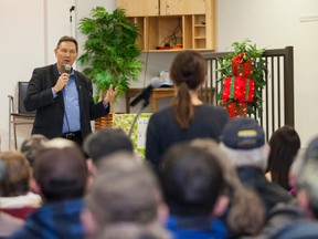 Vermilion-Lloydminster MLA Richard Starke addresses a question asked by a participant who attended the Vermilion Town Hall Meeting regarding Bill 6 at the Vermilion Senior Centre on Saturday, Dec. 5, 2015. Taylor Hermiston/Lloydminster Meridian Booster/Postmedia Network.