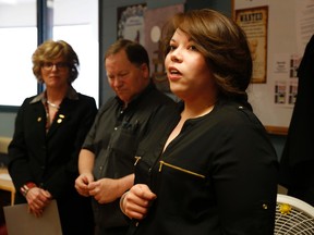 Emily Mountney-Lessard/The Intelligencer
Seaira Maracle, staff member at the Aboriginal Resource Centre at Loyalist College, gives the thanksgiving address prior to a funding announcement by Northumberland-Quinte West MPP Lou Rinaldi, on Monday.