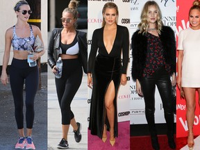 From L to R: Khloe Kardashian, Rosie Huntington-Whiteley and Chrissy Teigen are pictured leaving the gym on separate occasions. They are seen in the same order at red carpet events. (WENN.com photos)
