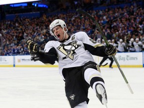 Pittsburgh Penguins center Sidney Crosby (87) celebrates after scoring a goal against the Tampa Bay Lightning during the second period at Amalie Arena. Kim Klement-USA TODAY Sports