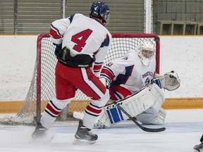 Port Hope Panthers goaltender Aaron Young, seen here in action earlier this season, posted an 18-shot shutout over the Napanee Raiders on Saturday night in Empire B Junior C Hockey League action. He leads the league with a 17-3-0 record and a .928 save percentage, while his 1.80 goals-against average is second lowest in the league. (The Whig-Standard)