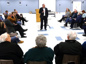 Luke Hendry/The Intelligencer
Prince Edward-Hastings MPP Todd Smith speaks to the crowd at a town-hall meeting he organized with MPP Jeff Yurek in Picton. Monday. The group discussed health care, with many citizens speaking of a lack of easy, timely access to care.