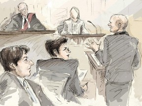 Jian Ghomeshi (left to right), Justice William Horkins, defence lawyer Marie Henein, the third complainant and Crown attorney Michael Callaghan appear at Ghomeshi's sexual assault trial in Toronto, Monday, Feb.8, 2016. (THE CANADIAN PRESS/Alexandra Newbould)