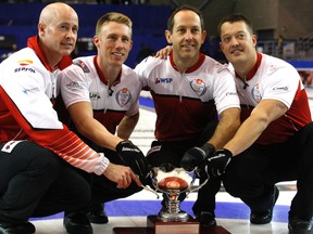 Kevin Koe, left, and his rink of Marc Kennedy, Brent Laing and Ben Hebert, celebrate winning the 2015 Home Hardware Canada Cup last December in Grande Prairie. (Logan Clow)