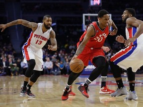 Raptors guard DeMar DeRozan (10) drives on Pistons centre Andre Drummond (right) during first half NBA action in Auburn Hills, Mich., on Monday, Feb. 8, 2016. (Carlos Osorio/AP Photo)