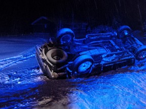 Police handout
The driver of a Mazda pickup truck lost control and flipped over Monday on MR 15.