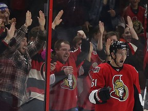 Senators forward Mark Stone celebrates his second goal of the night against the Lightning in Ottawa on Monday, Feb. 8, 2016. (Tony Caldwell/Ottawa Sun)