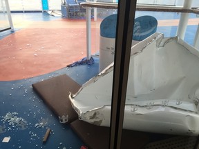 This image made available by Flavio Cadegiani shows damage to Royal Caribbean's ship Anthem of the Seas, on Feb. 8, 2016. The ship ran into high winds and rough seas in the Atlantic Ocean on Sunday, forcing passengers into their cabins overnight. No injuries were reported and only minor damage to some public areas. The ship is turning around and sailing back to its home port in New Jersey. (Flavio Cadegiani via AP)