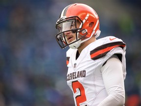 Cleveland Browns quarterback Johnny Manziel (2) warms up before the start of a game against the Seattle Seahawks at CenturyLink Field. Troy Wayrynen-USA TODAY Sports