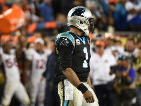 Carolina Panthers quarterback Cam Newton reacts after losing to the Denver Broncos in Super Bowl 50 at Levi’s Stadium. (Kyle Terada/USA TODAY Sports)