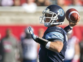 Toronto Argonauts quarterback Trevor Harris throws against the Montreal Alouettes during the second half of their CFL football game in Montreal, October 12, 2015. REUTERS/Christinne Muschi