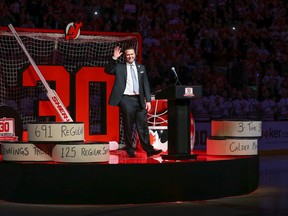 The New Jersey Devils retired former goaltender Martin Brodeur's jersey before Tuesday's game against the Oilers on Tuesday in Newark. (USA TODAY SPORTS)