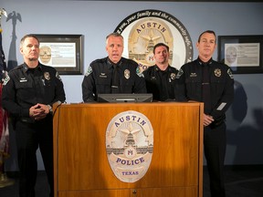 Austin police Chief of Staff Brian Manley, centre, discusses the recent officer involved shooting during a press conference at APD headquarters on Tuesday, Feb. 9, 2016. Manley identified the person shot and killed by officer Geoffrey Freeman on Monday in Northeast Austin as David Joseph, 17. (Deborah Cannon/Austin American-Statesman via AP)