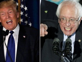 Republican U.S. presidential candidate Donald Trump, left, and U.S. Democratic presidential candidate Bernie Sanders, right, speak after winning the 2016 New Hampshire presidential primary on Feb. 9, 2016. (Reuters Photos)