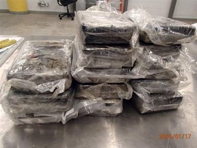 Sixteen kilos of suspected cocaine that Canada Border Services Agency officers seized at Toronto's Pearson International Airport in January.