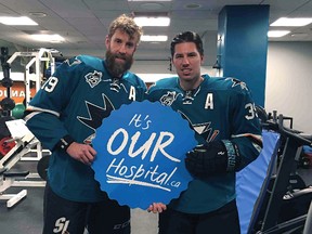 St. Thomas native and NHL great Joe Thornton, left, and teammate Logan Couture send some love to the St. Thomas Elgin General Hospital all the way from San Jose. Thornton is the honorary chair of the 2016 World Tubing Championships, a seriously un-serious hospital fundraiser set to hit the St. Thomas slopes this weekend.