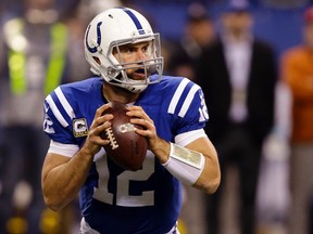 In this Nov. 8, 2015, file photo, Indianapolis Colts' Andrew Luck (12) looks to throw during the second half of an NFL football game against the Denver Broncos in Indianapolis. Owners will tread lightly with running backs after the rash of injuries in 2015 and predictably overlook players who had down years like Andrew Luck. (AP Photo/Michael Conroy, File)