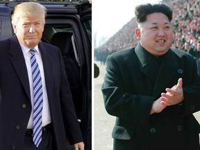 U.S. Republican presidential candidate Donald Trump waves at a supporter at a polling place for the presidential primary in Manchester, New Hampshire February 9, 2016 and North Korean leader Kim Jung Un smiles during a photo session with the builders of Construction Bureau 8 in this undated photo released by North Korea's Korean Central News Agency (KCNA) in Pyongyang February 12, 2015. (REUTERS/Rick Wilking and REUTERS/KCNA)