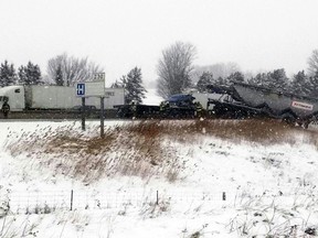 The eastbound lanes of Highway 401 between Foldens Line and Sweaburg Road remain closed after three transport trucks were involved in a chain-reaction collision  and fire Wednesday morning. JEREMY VAN DORP/TWITTER PHOTO