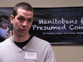 Manitobans for Presumed Consent spokesman Bryan Dyck speaks with media during a press conference at the Kidney Foundation of Canada – Manitoba Branch office on Dovercourt Drive in Winnipeg on Wed., Feb. 10, 2016. The group is pressuring the province to adopt a system where you opt out of organ donation rather than opt-in.