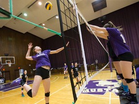 Mustangs women?s volleyball player Candice Scott goes for a spike during practice at Western University?s Alumni Hall this week. (CRAIG GLOVER, The London Free Press)