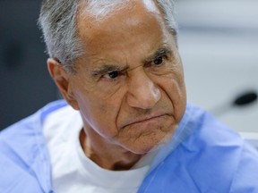 Sirhan Sirhan reacts during a parole hearing Wednesday, Feb. 10, 2016, at the Richard J. Donovan Correctional Facility in San Diego. For the 15th time, officials denied parole for Sirhan Sirhan, the assassin of Sen. Robert F. Kennedy, after hearing Wednesday from another person who was shot that night and called for the release of Sirhan. (AP Photo/Gregory Bull, Pool)