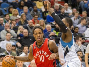 Raptors guard DeMar DeRozan (10) drives to the basket past Timberwolves forward Shabazz Muhammad (15) in the first half at Target Center in Minneapolis, Minn., on Wednesday, Feb. 10, 2016. (Jesse Johnson-USA TODAY Sports)