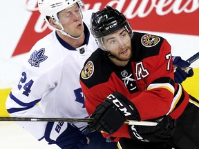 Calgary Flames defenceman T.J. Brodie of Dresden wore an 'A' in Sean Monahan's absence in Tuesday's game against the Toronto Maple Leafs in Calgary. (AL CHAREST/Postmedia Network)