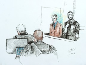 Dennis Oland is depicted in an artist's sketch at the Law Courts during his sentencing in Saint John, N.B. on Thursday, Feb. 11, 2016. Oland was found guilty of second degree murder in the death of his father, Richard Oland, who was found dead in his Saint John office on July 7, 2011. THE CANADIAN PRESS/Carol Taylor