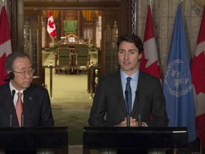 Prime Minister Justin Trudeau and United Nations Secretary General Ban Ki-moon take part in a joint news conference in the Foyer of the House of Commons on Parliament hill in Ottawa, Thursday February 11, 2016. THE CANADIAN PRESS/Adrian Wyld