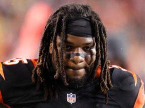 Cincinnati Bengals outside linebacker Vontaze Burfict (55) reacts on the sidelines during the second quarter against the Pittsburgh Steelers in the AFC Wild Card playoff football game at Paul Brown Stadium. David Kohl-USA TODAY Sports