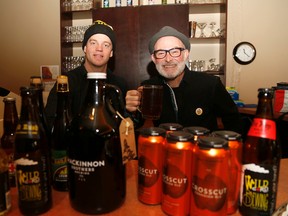 Emily Mountney-Lessard/The Intelligencer
Andrew Weel of MacKinnon Brothers Brewing Company, left, and Andy Forgie with some of the beer products being featured at the March 12 event Quinte Craft: Beer by the Bay, being held at the Empire Square. They are shown here during an event preview Thursday in Belleville.