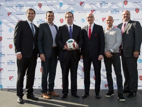 San Jose Earthquakes president Dave Kaval, San Jose mayor Sam Liccardo, MLS deputy commissioner Mark Abbott, Arsenal Football Club head of partnership Alex Wick, Former Arsenal FC and Seattle Sounders player Freddie Ljungberg, and AT&T vice president of external affairs Marc Blakeman pose for a photo during a press conference to announce Arsenal FC as the 2016 AT&T MLS All-Star opponent at Avaya Stadium. Kelley L Cox-USA TODAY Sports