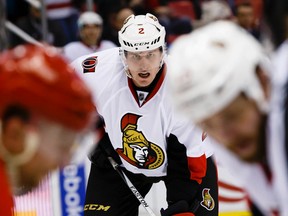 Ottawa Senators defenseman Dion Phaneuf (2) gets set for a face off in the second period against the Detroit Red Wings at Joe Louis Arena. Rick Osentoski-USA TODAY Sports