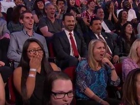 Jimmy Kimmel's audience reacts to a graphic "Brothers Grimsby" clip.